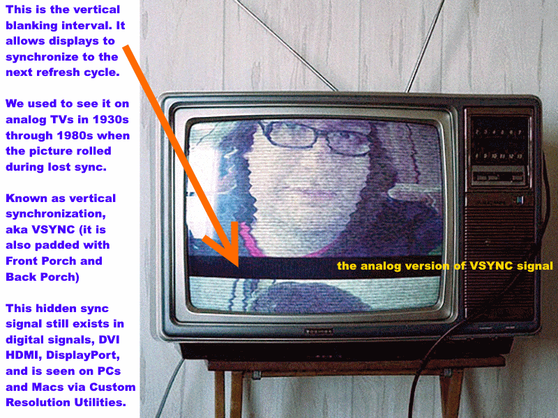 This is the vertical blanking interval. It allows displays to synchronize to the next refresh cycle. We used to see it on analog TVs in 1930s through 1980s when the picture rolled during lost sync. Known as vertical synchronization, aka VSYNC (it is also padded with Front Porch and Back Porch) This hidden sync signal still exists in digital signals, DVI, HDMI, DisplayPort, and is seen on PCs and Macs via Custom Resolution Utilities.