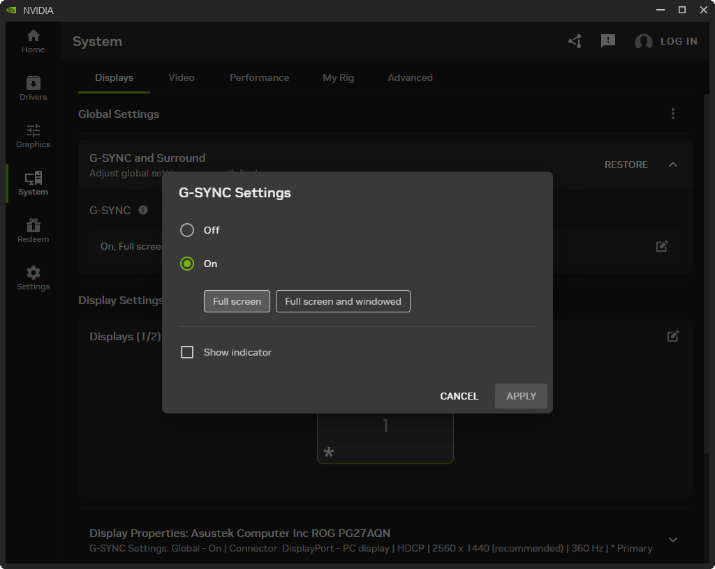 Screenshot of NVIDIA Control Panel showing G-SYNC Settings dialog with On selected, options for Full screen or Full screen and windowed, a Show indicator checkbox, and Cancel/Apply buttons; dark background UI visible