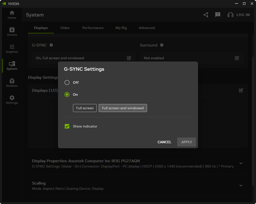 NVIDIA Control Panel: G-SYNC Settings dialog with On selected, options for Full screen or Full screen and windowed, and Show indicator checked, Cancel and Apply buttons visible.